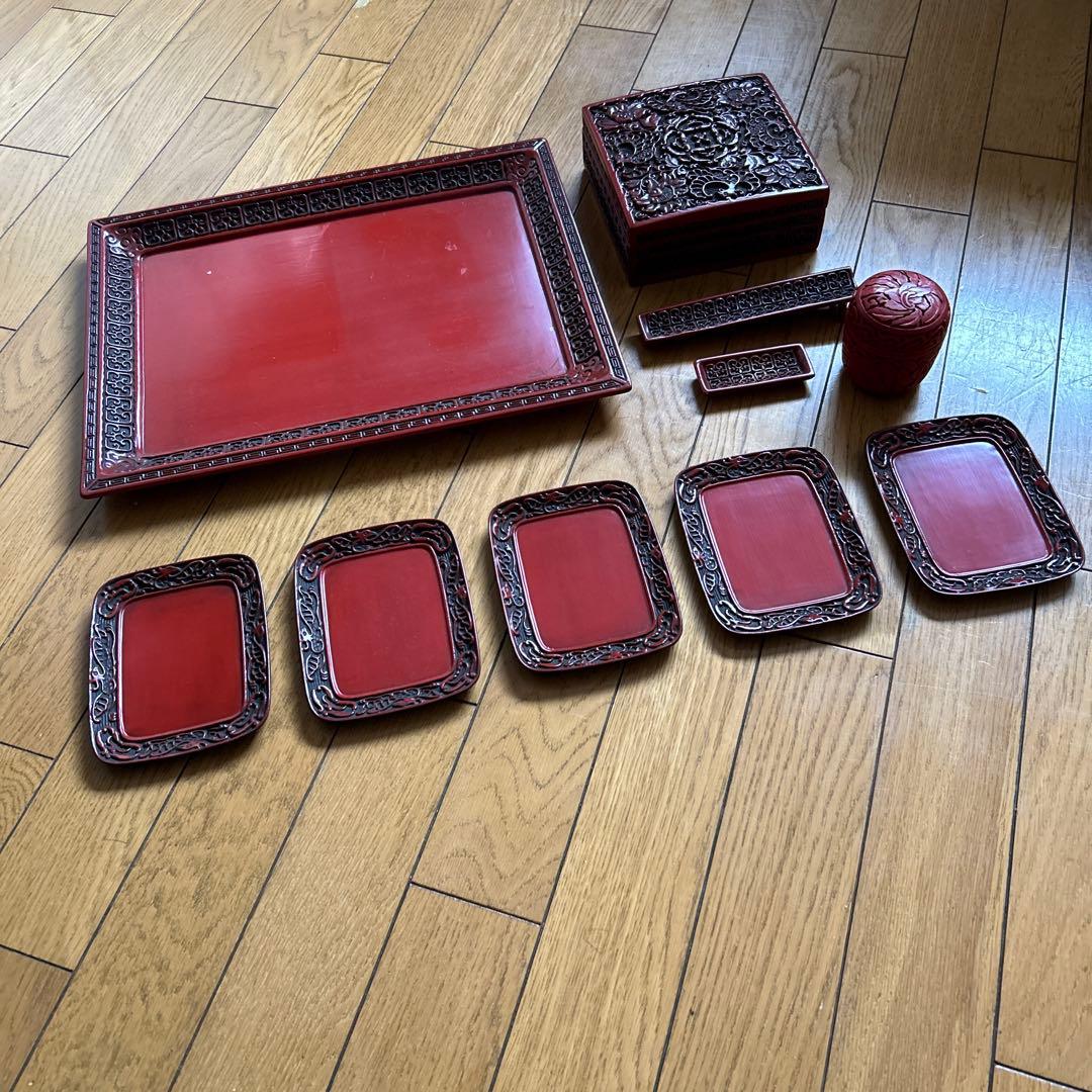◾️こんなにたくさんセットの仙台堆朱は珍しいです◾️お盆◾️棗◾️お皿◾️重箱◾️綺麗◾️新品