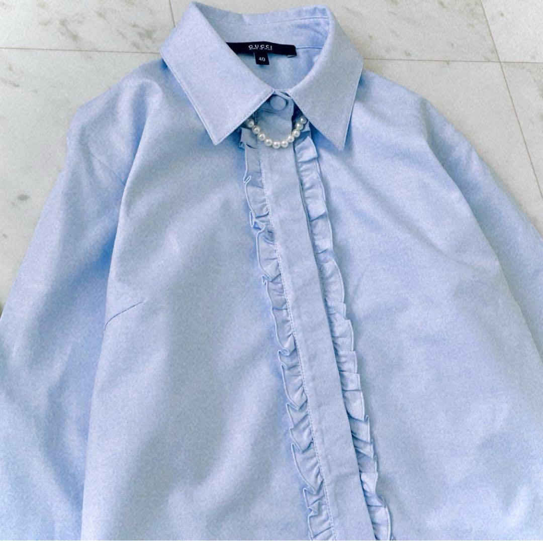 極美品 グッチ GUCCI フロントフリル 比翼仕立て コットンブラウス 長袖