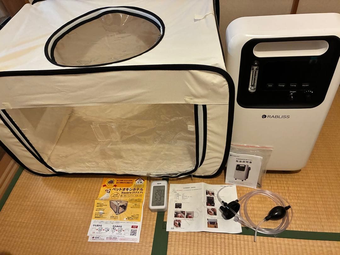 ペット用 酸素室セット Mサイズ 高濃度酸素発生器　　酸素濃度計