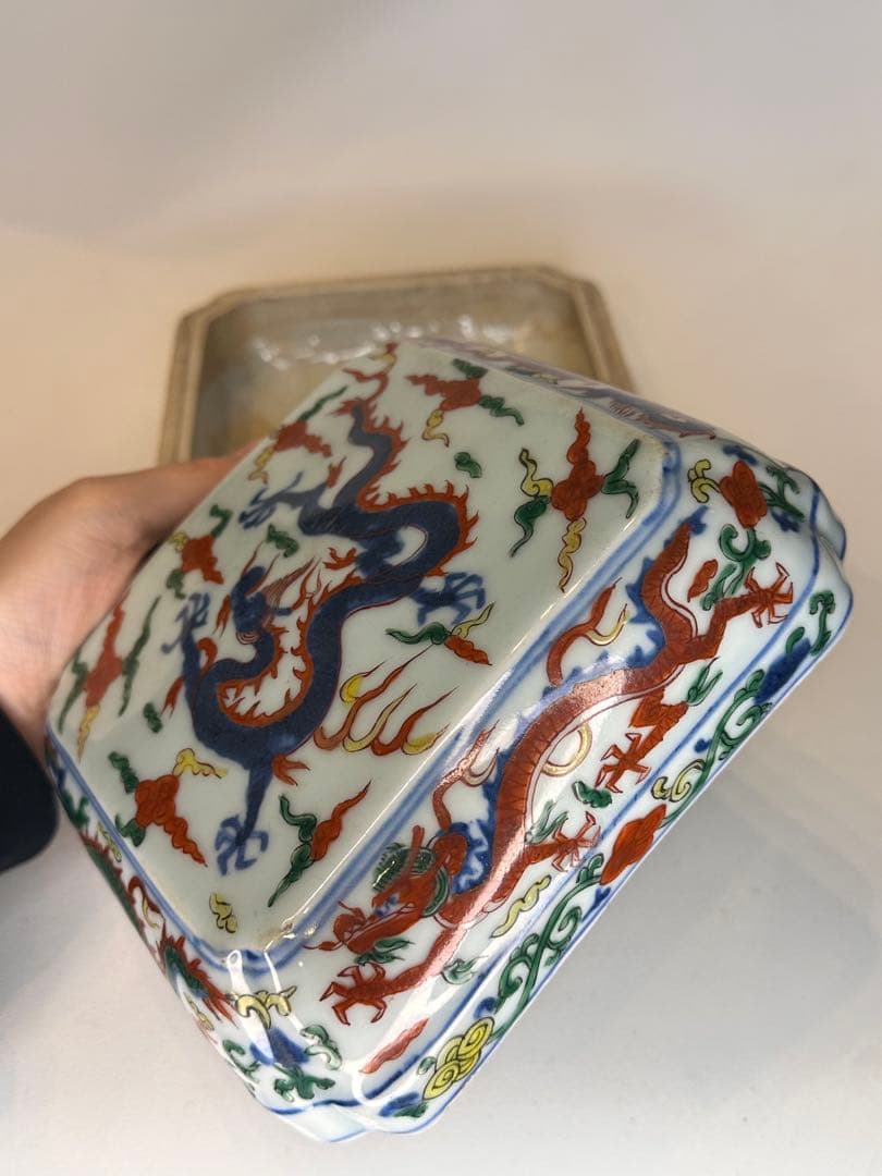 本mercy！中国 明代 大明嘉靖年製 五彩 龍文 蓋盒 四面龍文 骨董品