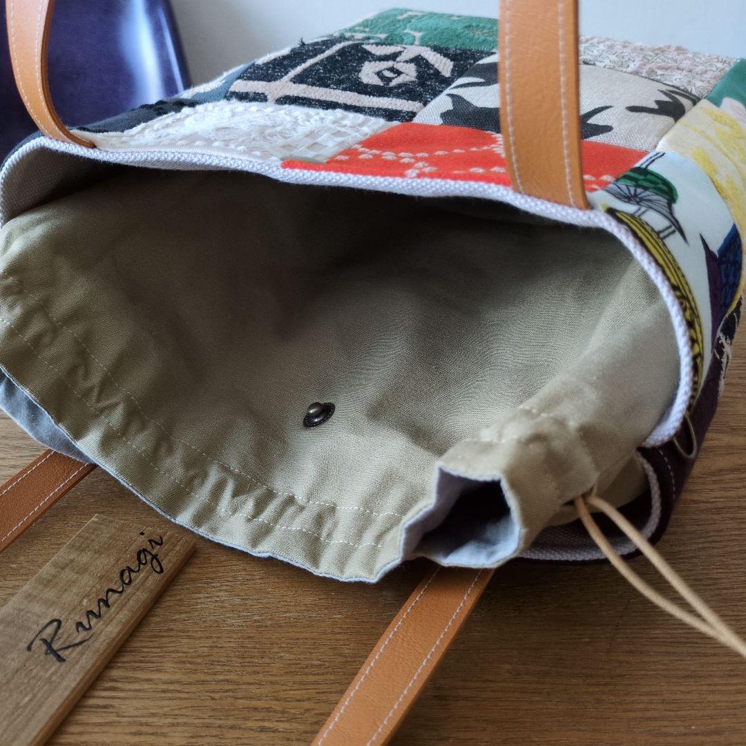 【1574】パッチワークのあおりポケット巾着バッグ＊ミナペルホネン