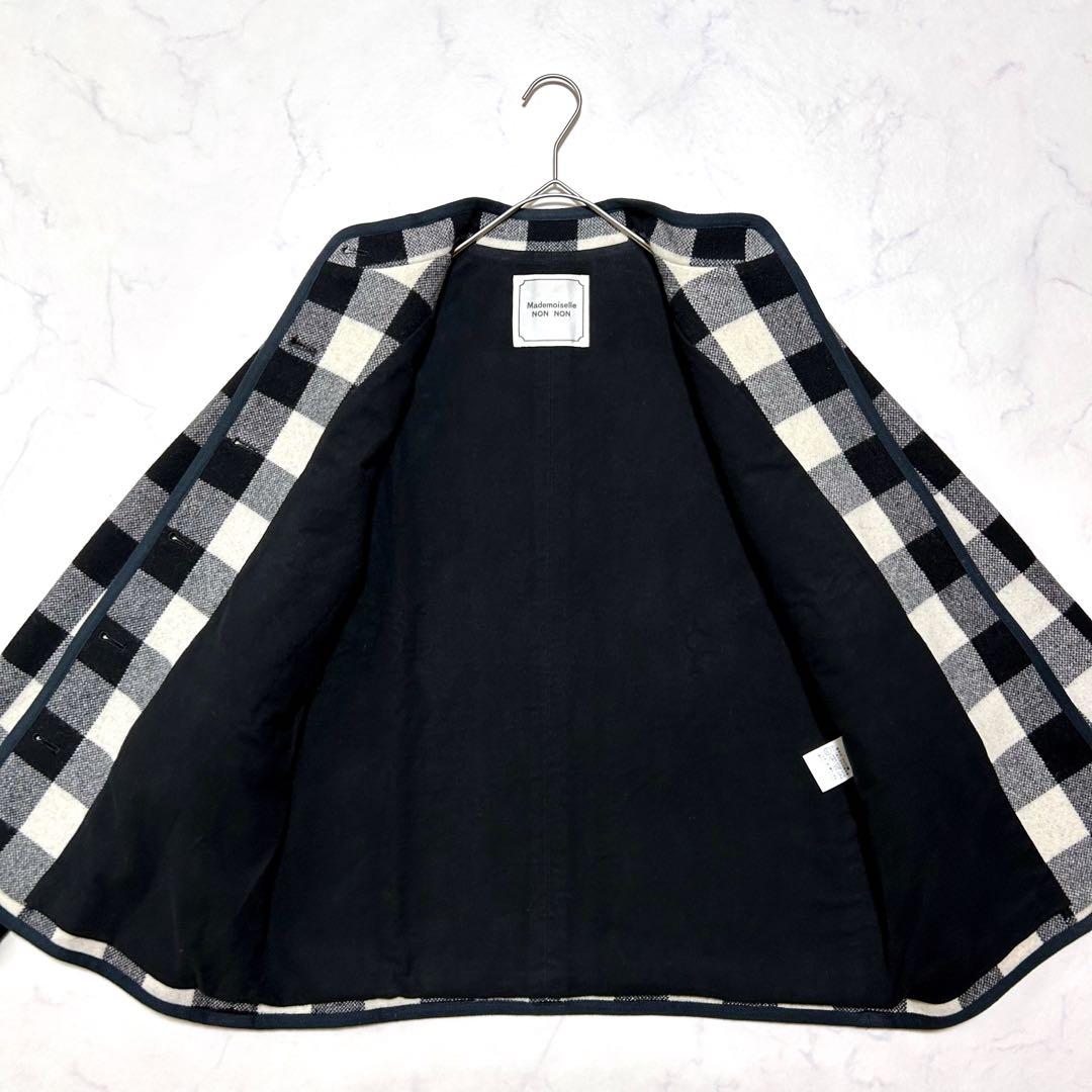 マドモアゼルノンノン ウールチェック ノーカラージャケット ウールコート日本製