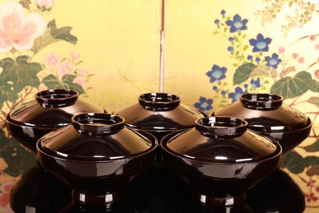 BJ021　時代輪島　雲上富士図金蒔絵　吸物椀　五客　木製　茶道具　懐石　菓子