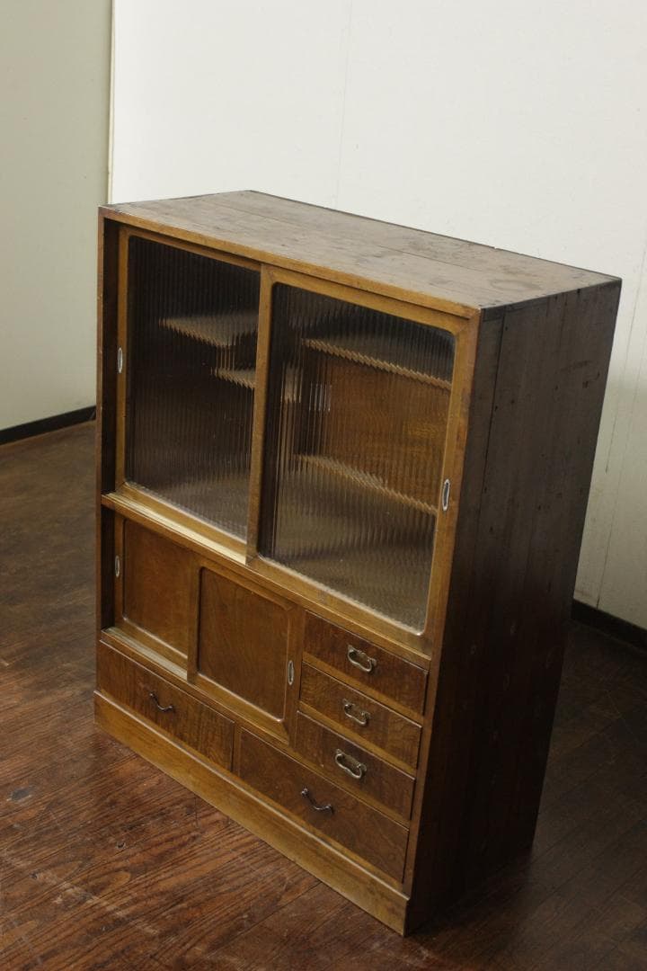 昭和レトロ 古い木製茶箪笥 モールガラス 戸棚 食器棚 古家具 欅 古材