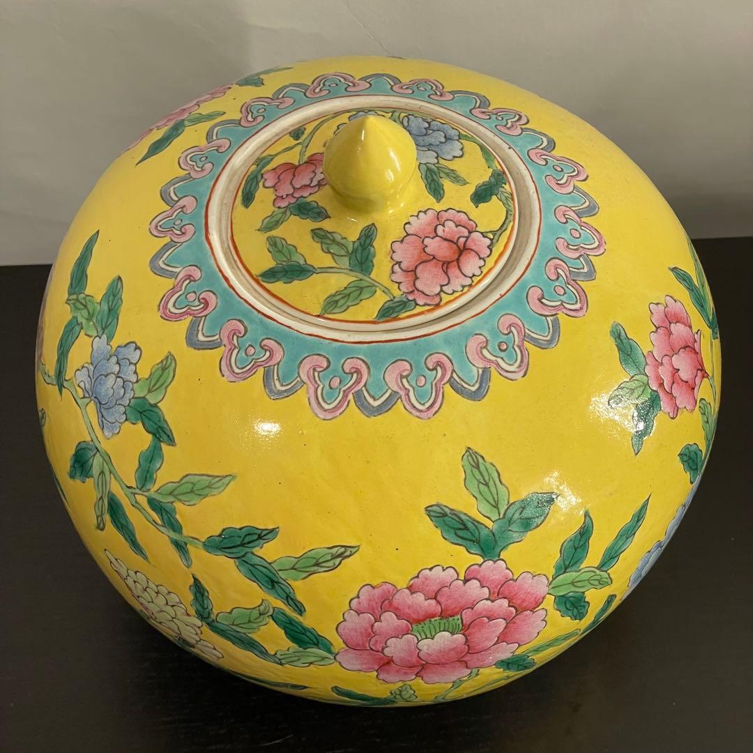中国 西瓜罐 花と鳥の模様 蓋付き容器 花瓶 粉彩
