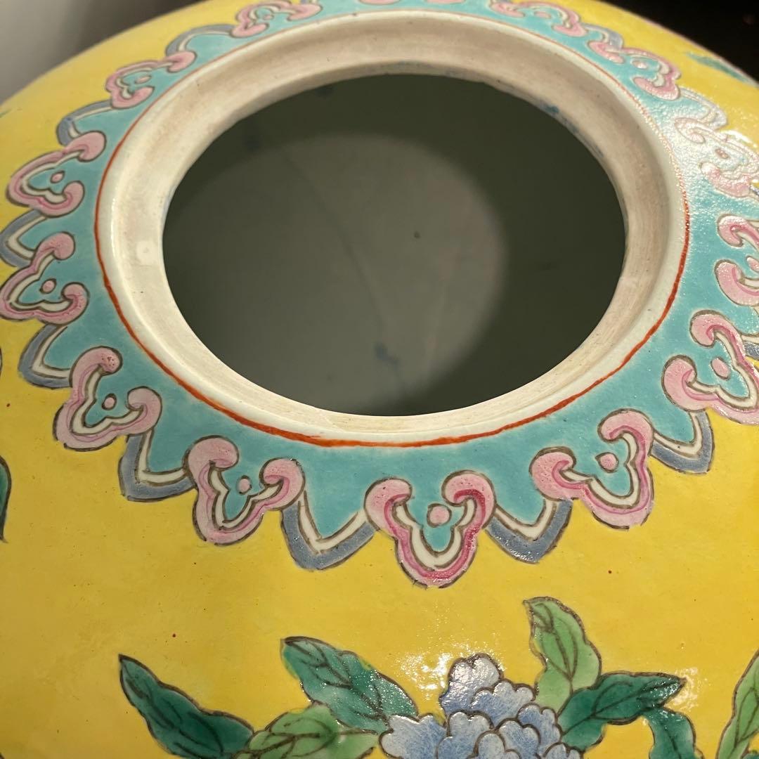 中国 西瓜罐 花と鳥の模様 蓋付き容器 花瓶 粉彩