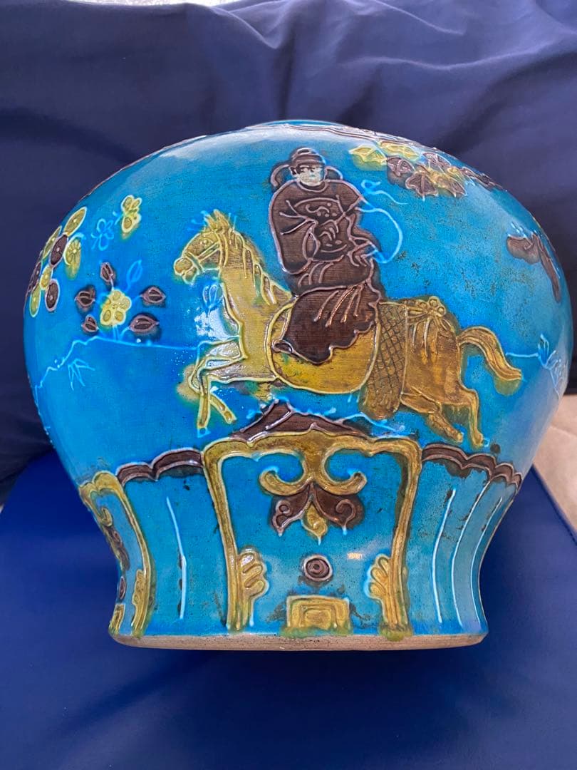 中国明代珐華彩携琴訪友紋大缶サイズ高さ約25cm径30×口16cm