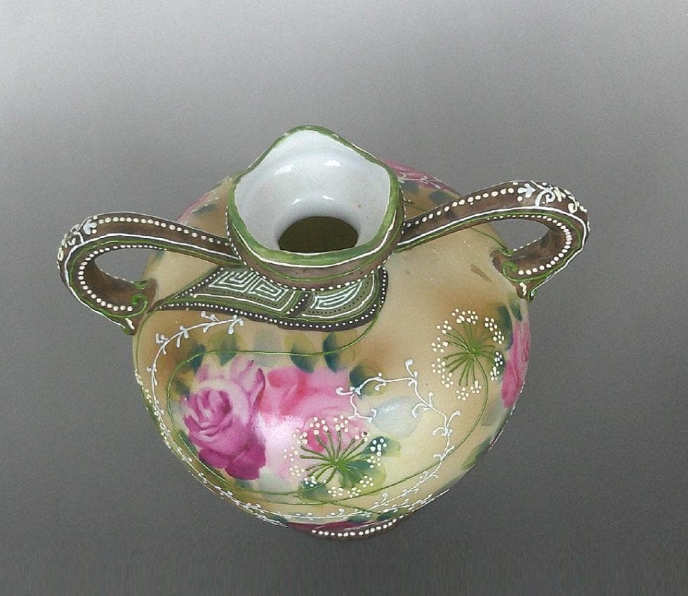 明治 オールドノリタケ バラ盛り上げ花瓶