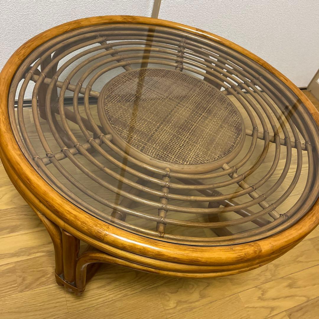 籐家具 ラタンラウンドローテーブル 籐素材 円卓 座卓 机 ラタン 昭和レトロ