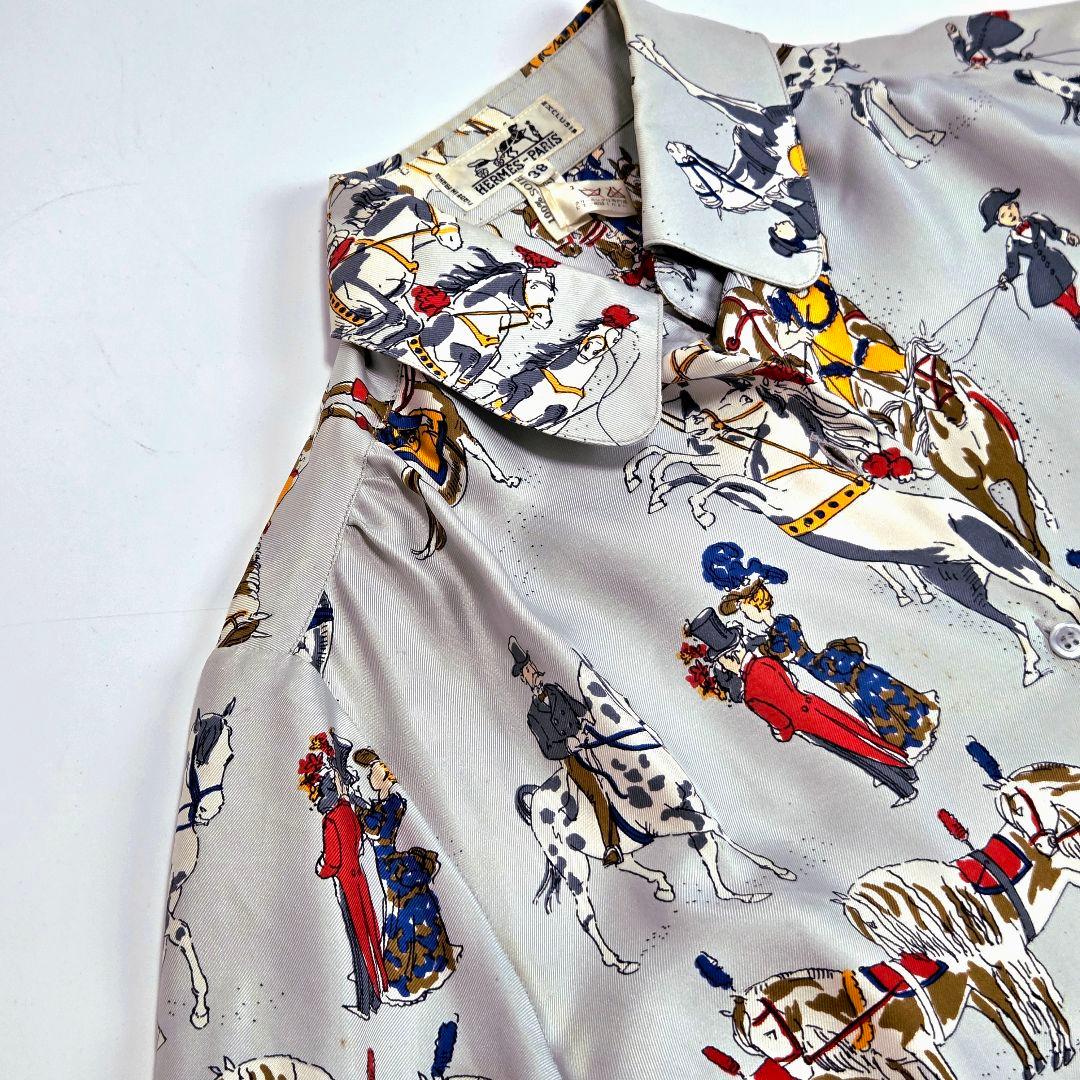 HERMES エルメス シルクシャツ 38 馬柄 サーカス 動物 ブルー系 長袖