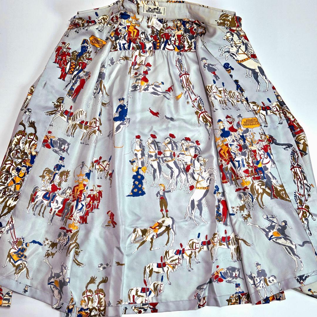 HERMES エルメス シルクシャツ 38 馬柄 サーカス 動物 ブルー系 長袖