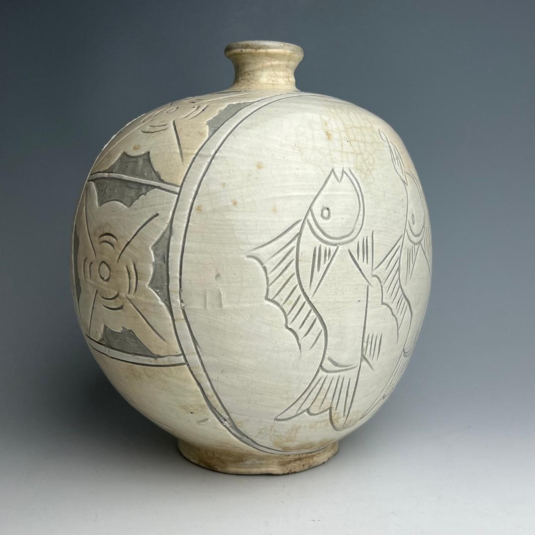 高麗三島刷毛目象嵌魚紋扁壺 李朝高麗コレクター放出品陶磁古玩朝鮮美術A1-48