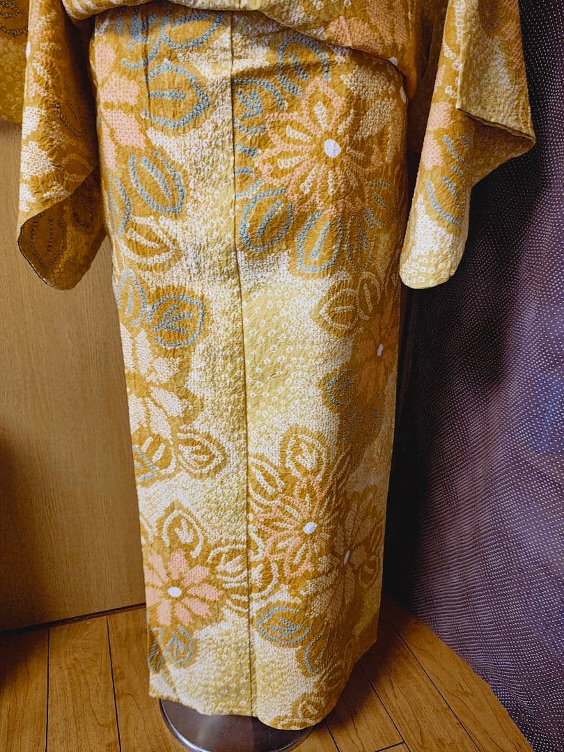 総絞り 花柄 浴衣 黄色系