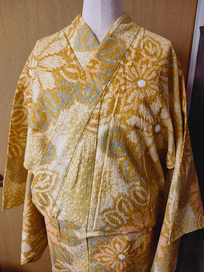 総絞り 花柄 浴衣 黄色系