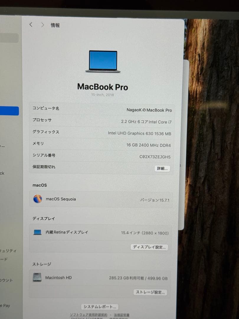 MacBook Pro15 2018 i7 16GB 512GB 動作確認済