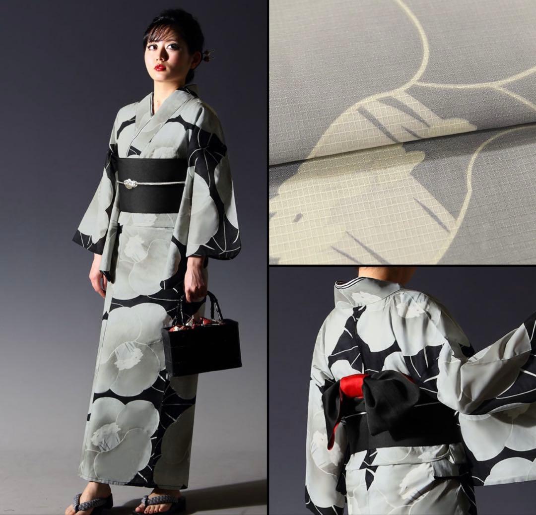 浴衣 2点セット モダン レディース 古典 椿 黒 白 生成り アイボリー