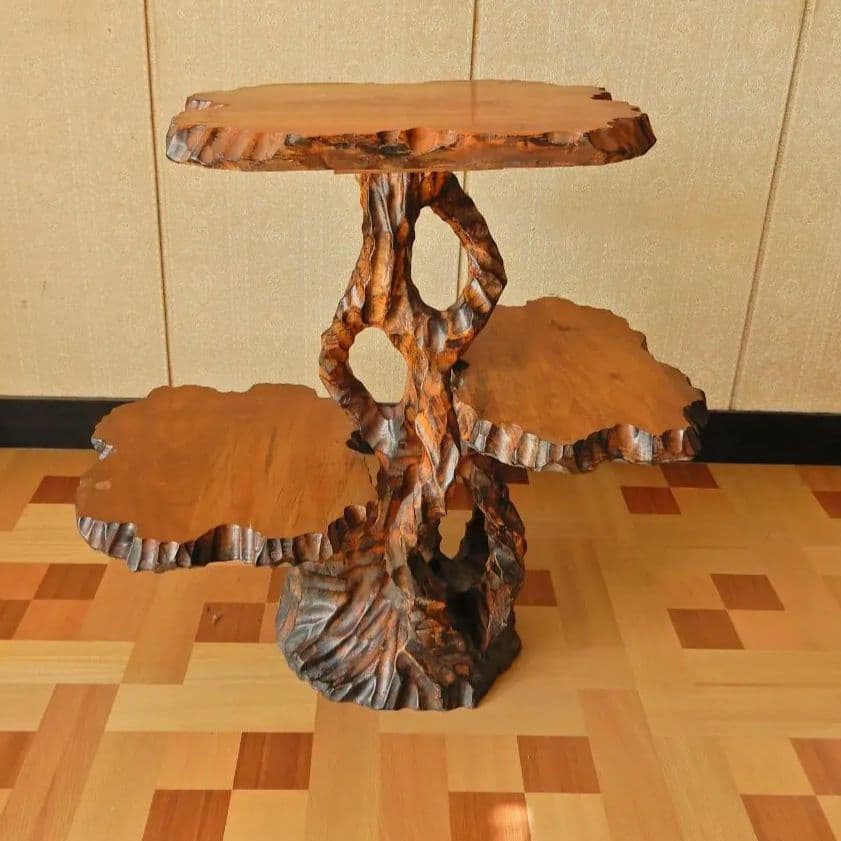 【レトロ アンティーク】天然木 三段テーブル 花台