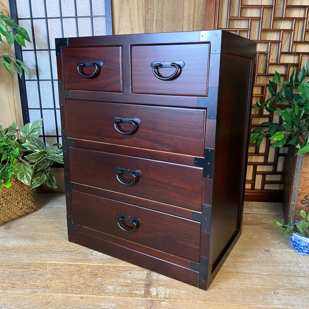 民芸家具和タンス四段五つ引き木製桐材天然無垢収納家具飾り棚和箪笥和室和風