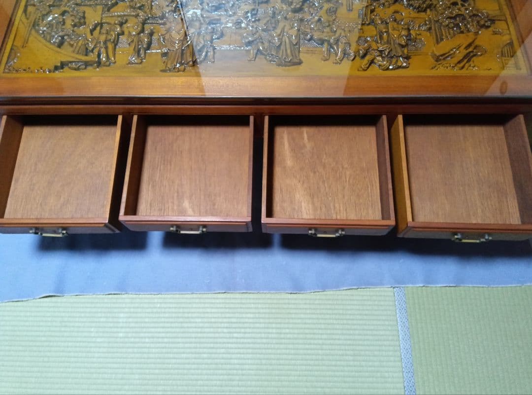 中国美術彫刻座卓ガラステーブル