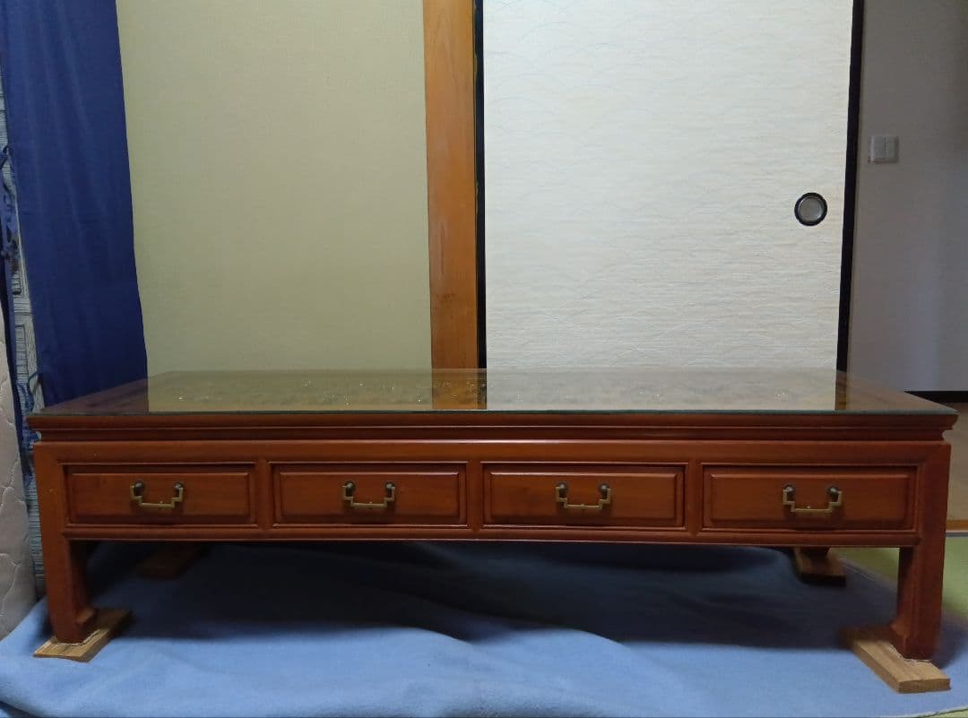 中国美術彫刻座卓ガラステーブル