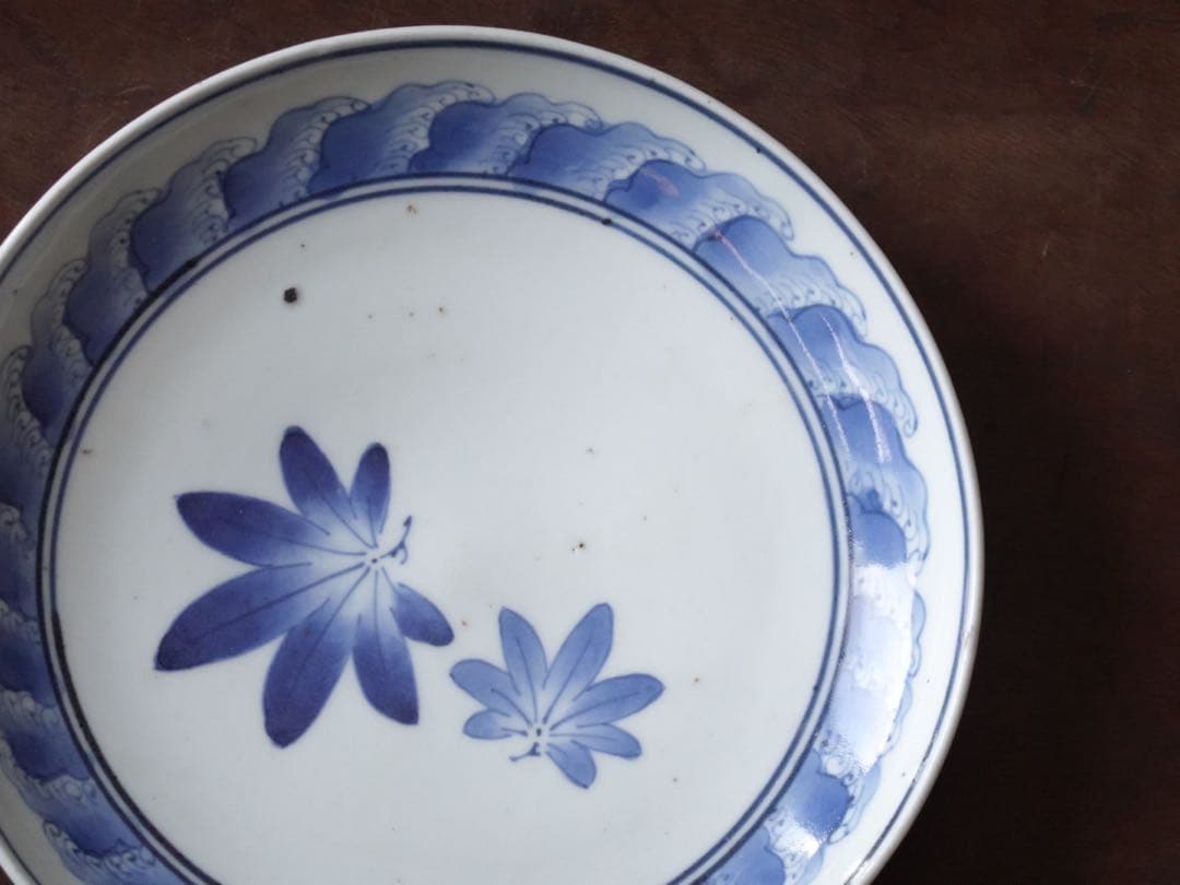 江戸時代　前期　古伊万里　藍九谷　染付　波　紅葉文　皿　飾皿　額皿　6寸皿　食器