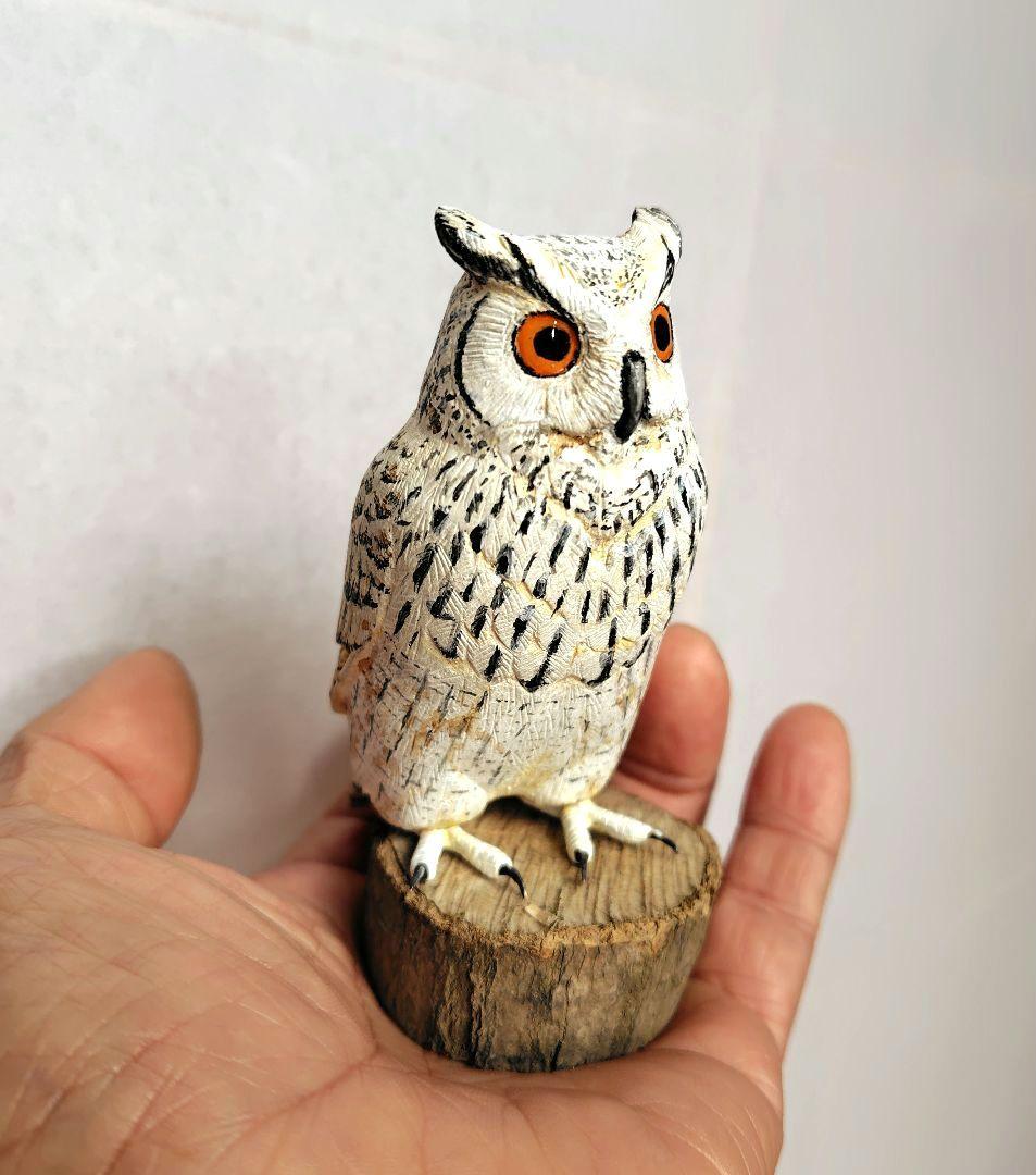 小さなバードカービング シベリアワシミミズク 野鳥 木彫り 梟