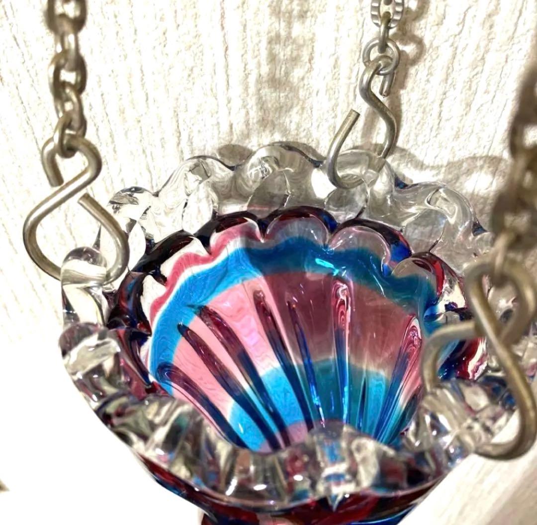 70年昭和レトロアンティーク吊り下げ花瓶ぷっくりレトロガラススパイラルランプシェ