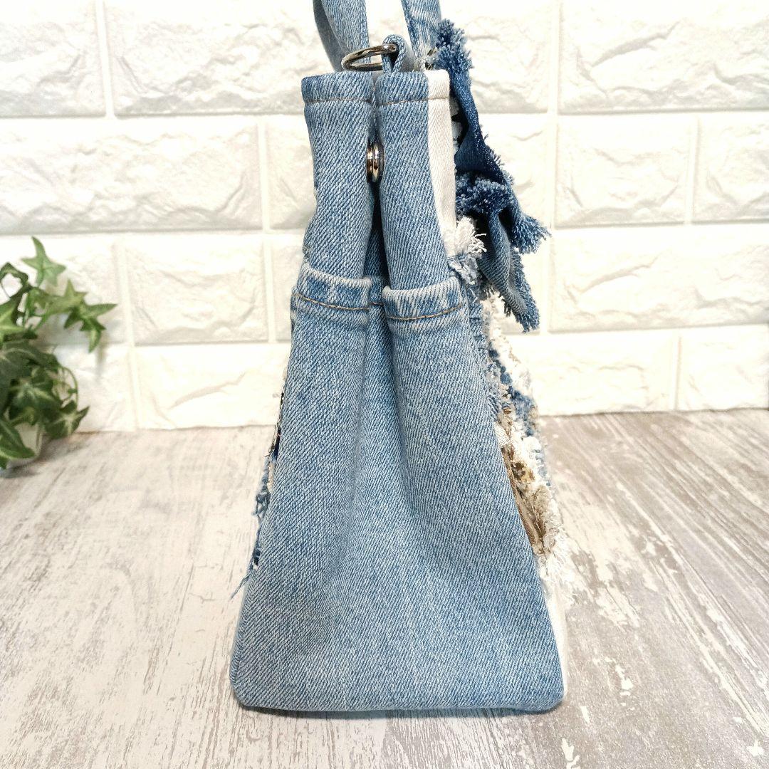 リメイクデニム★ヒョウ柄MIXフリンジトートバッグM＋ショルダーストラップ