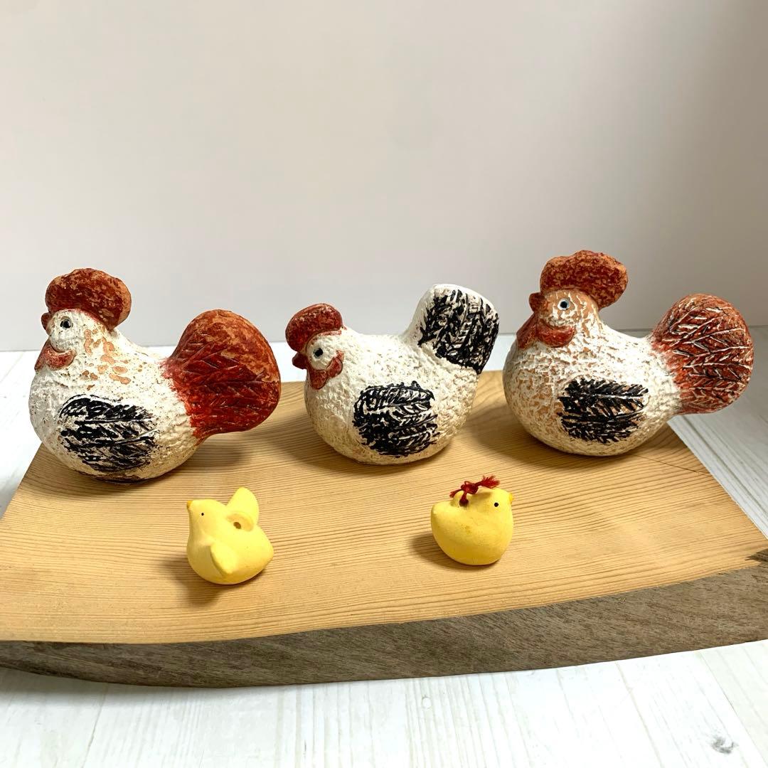 D☆ レトロ　鶏　ひよこ　にわとり　親子　焼き物　土鈴　置物