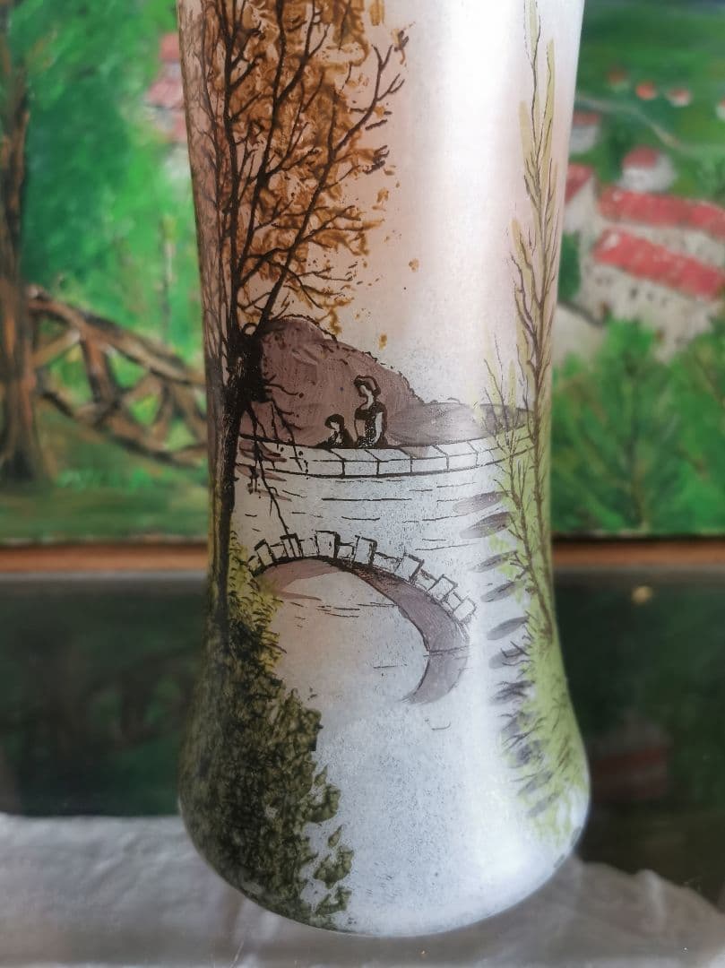 アンティーク ルグラ 橋上の母娘 ≒29㎝大型ガラス花瓶 アールヌーヴォー手描