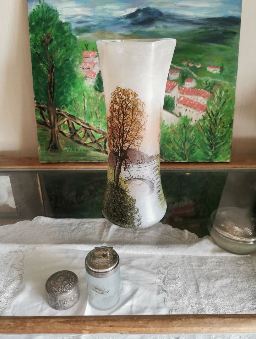 アンティーク ルグラ 橋上の母娘 ≒29㎝大型ガラス花瓶 アールヌーヴォー手描