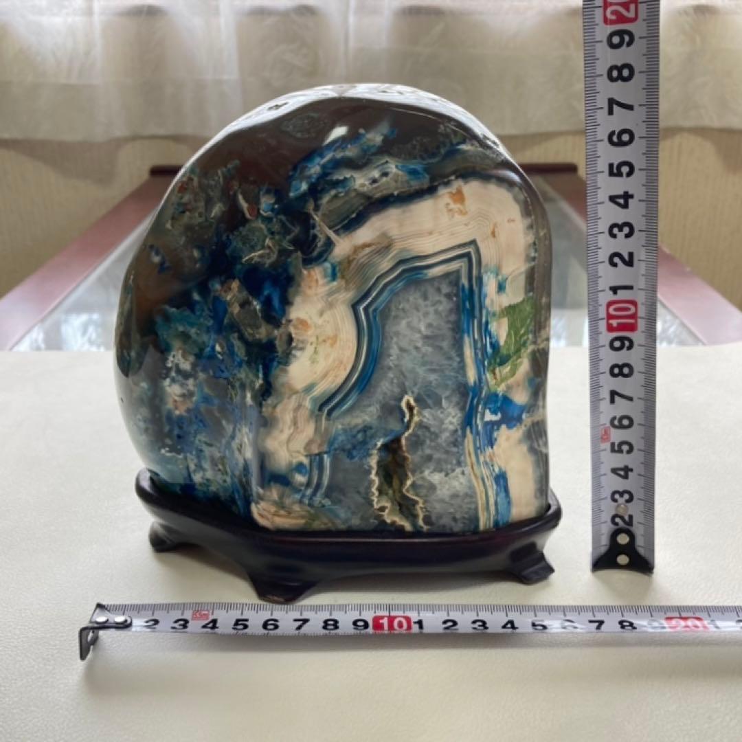 瑪瑙 メノウ 鑑賞石 飾り石 置物 オブジェ 木製 台座付き 青 ブルー レトロ