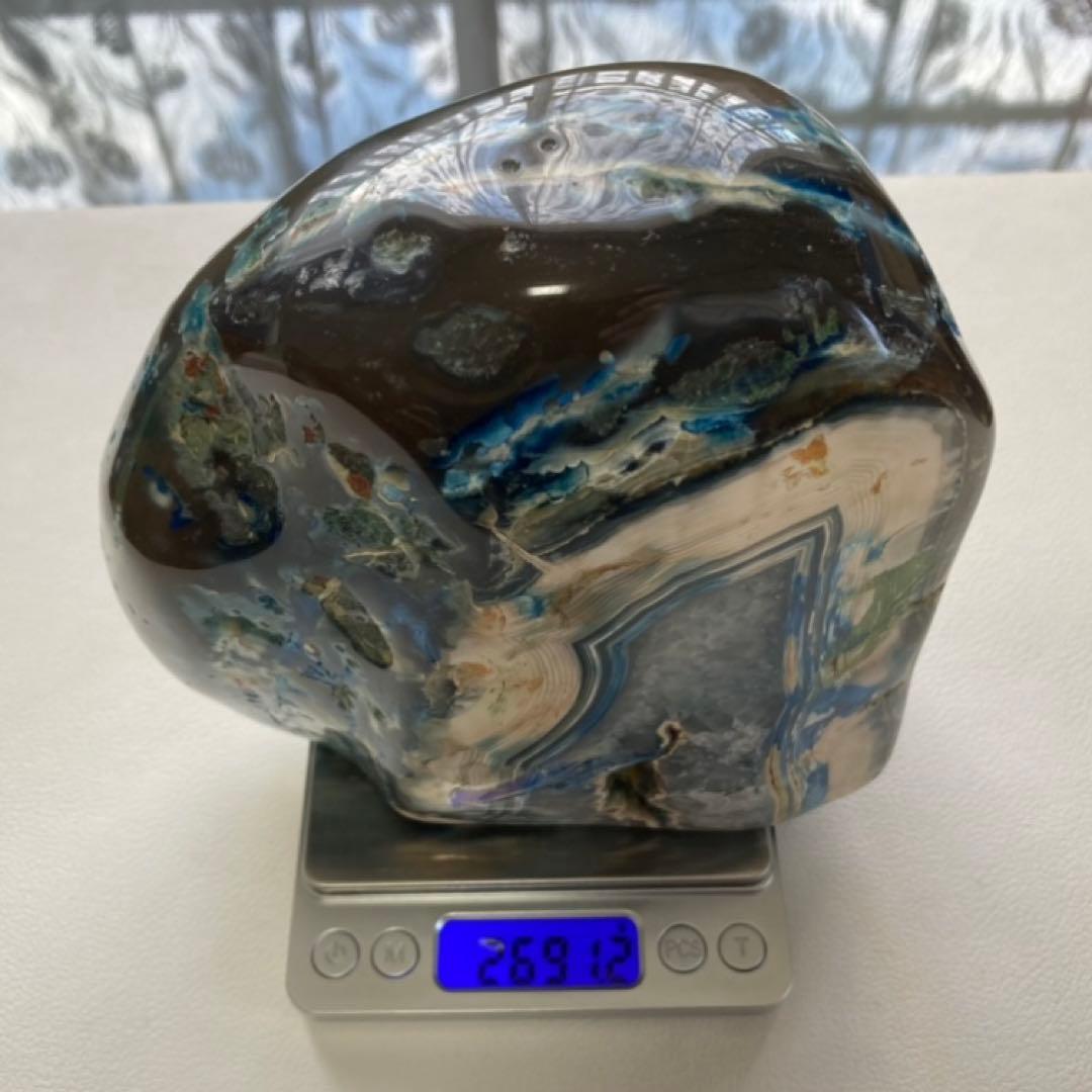 瑪瑙 メノウ 鑑賞石 飾り石 置物 オブジェ 木製 台座付き 青 ブルー レトロ