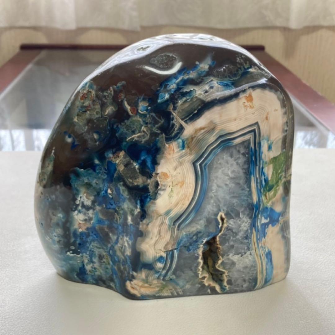 瑪瑙 メノウ 鑑賞石 飾り石 置物 オブジェ 木製 台座付き 青 ブルー レトロ