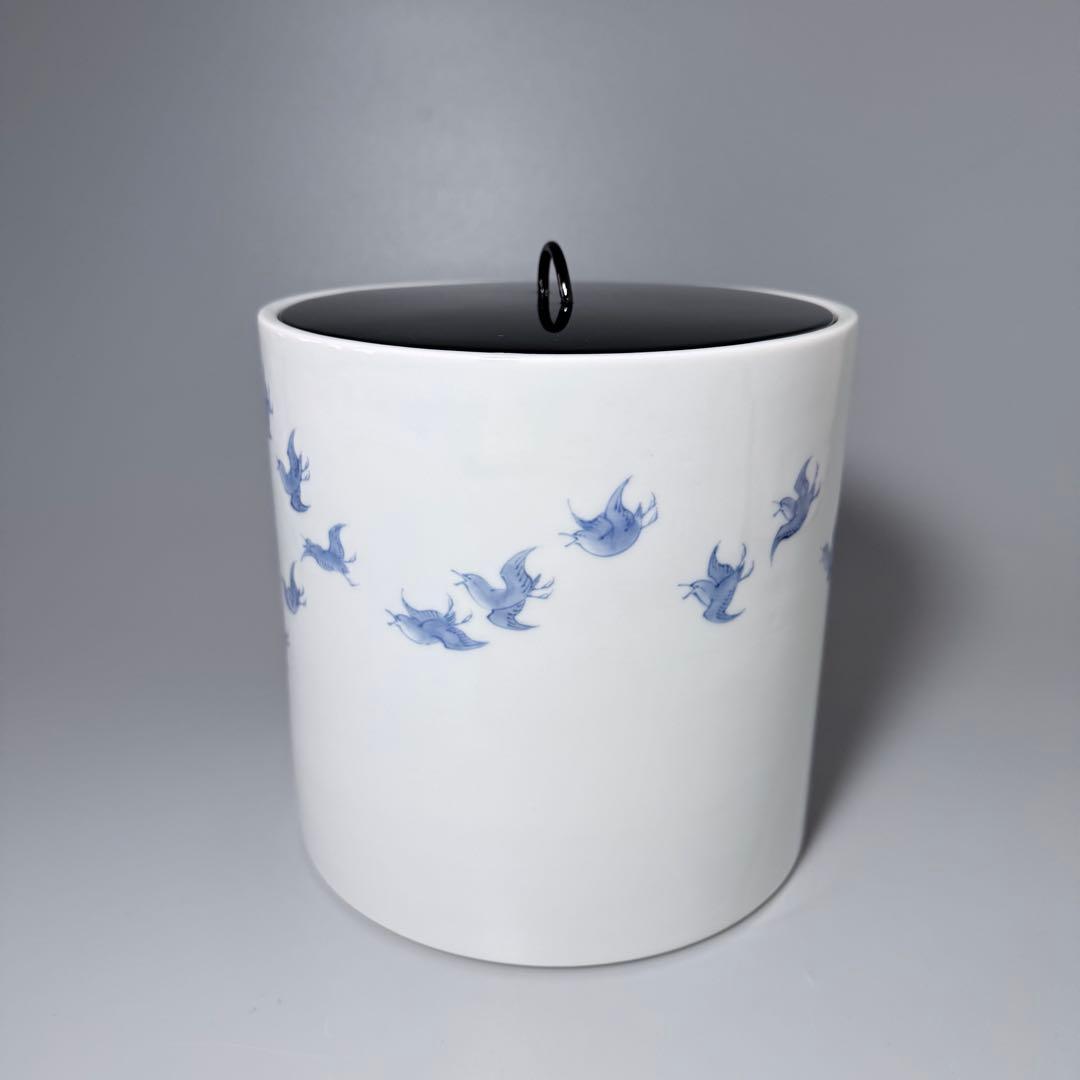 明治大正期　平戸焼　染付鳥文様水指　共箱　特注蓋付　茶道具　裏千家　表千家