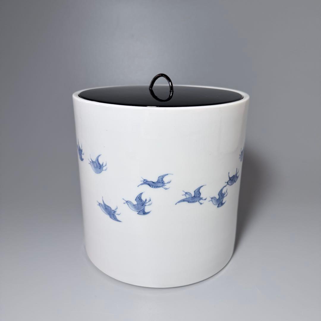 明治大正期　平戸焼　染付鳥文様水指　共箱　特注蓋付　茶道具　裏千家　表千家