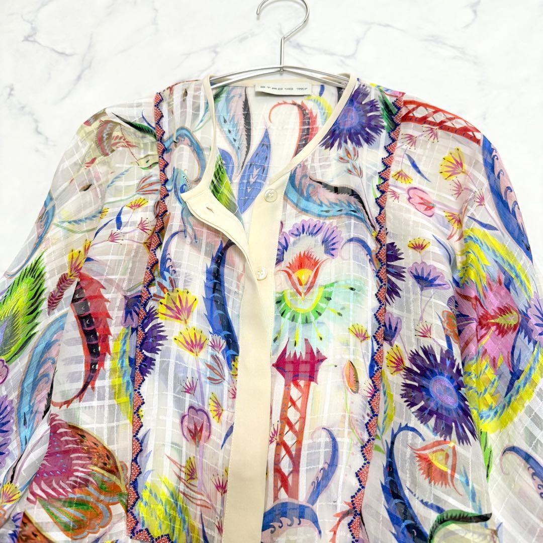 未使用級✨エトロ✨シルク　ボタニカル柄シアーブラウス（M）ビーズ　馬　お袖リボン