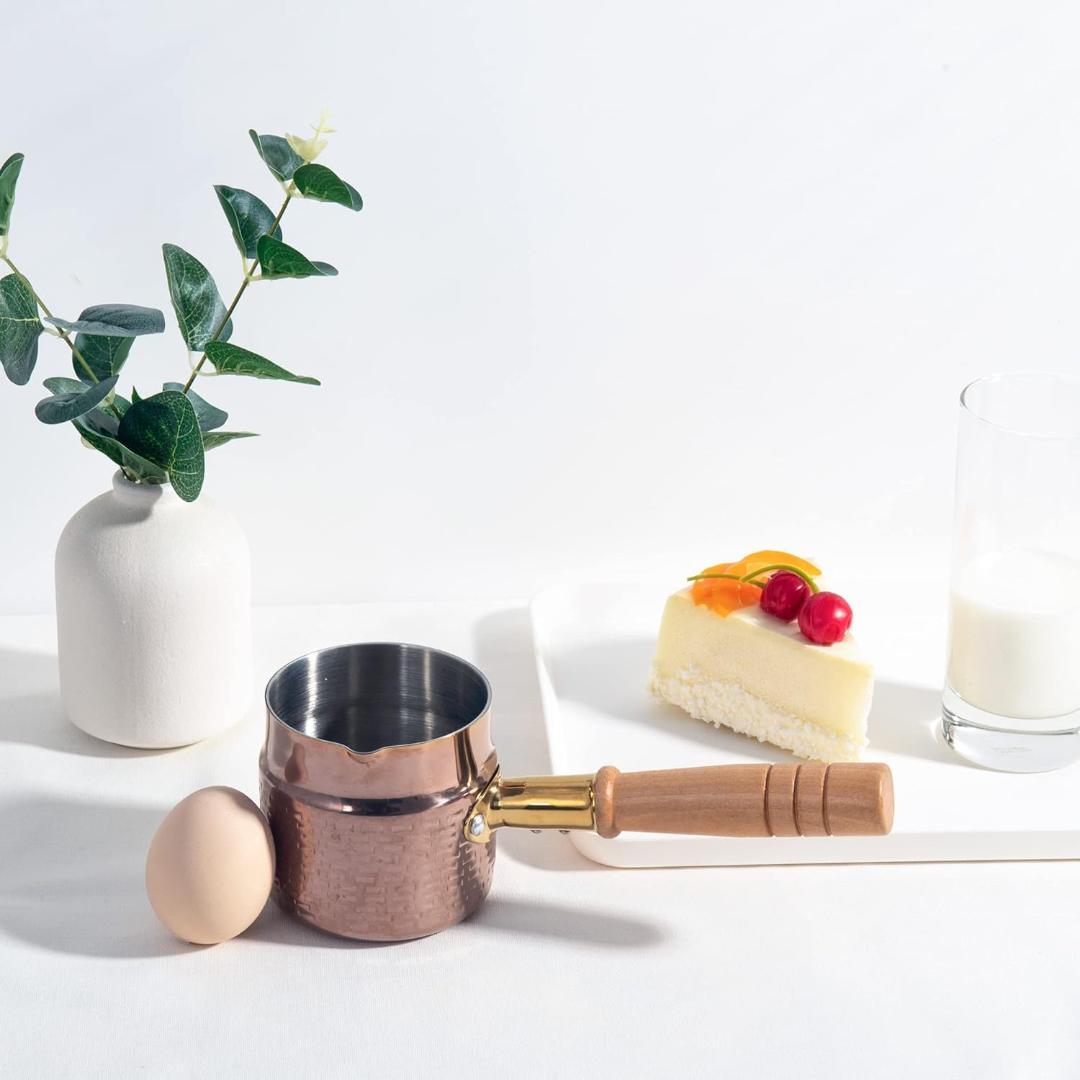 ステンレス製ソースパン、IH対応、400ml、目盛付き、アンティークゴールド色、