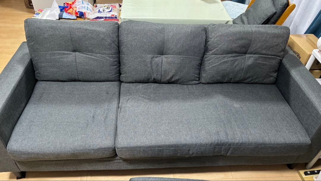 グレー L字型ソファ 5クッション付き