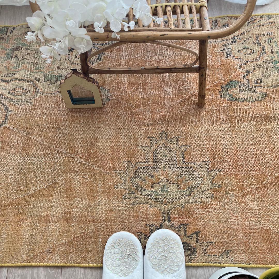 オレンジイエロー80×126グリーン　accentrug トルコヴィンテージラグ