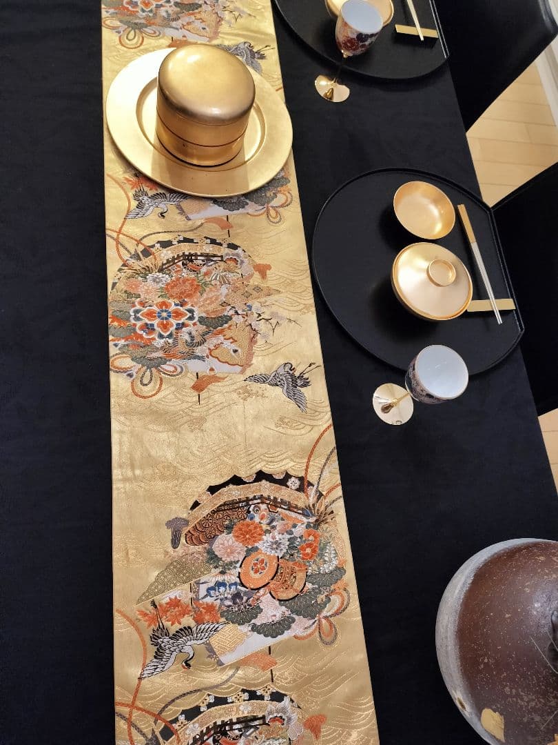 ローズピンクA666★逸品‼️本金箔‼️宝船‼️テーブルランナー2m7cm