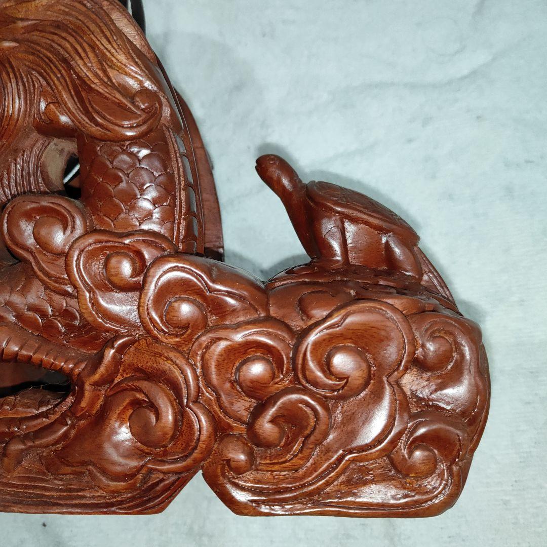 木製墨つぼ 龍・雲・亀・鶴の彫刻