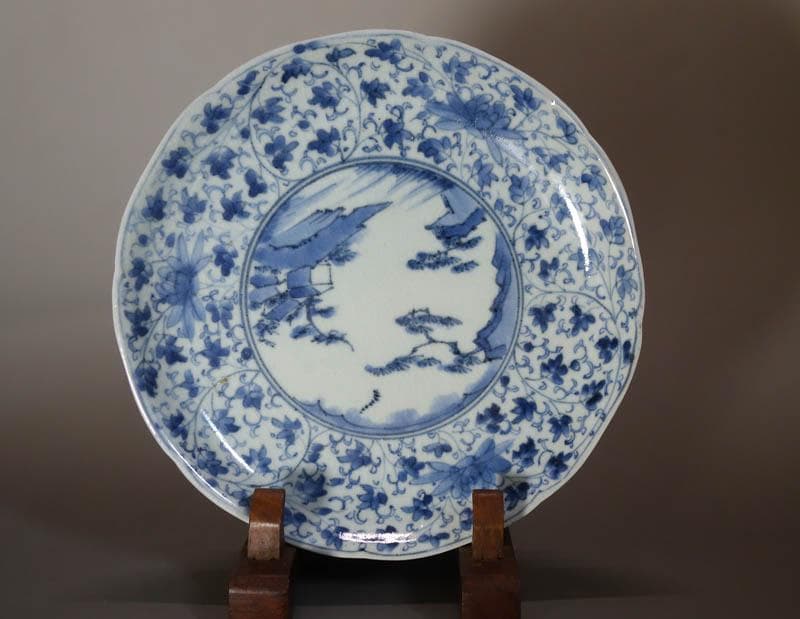古伊万里　染付　花唐草　山水文 塔屋文　中皿　藍柿右衛門　江戸中期　　2083