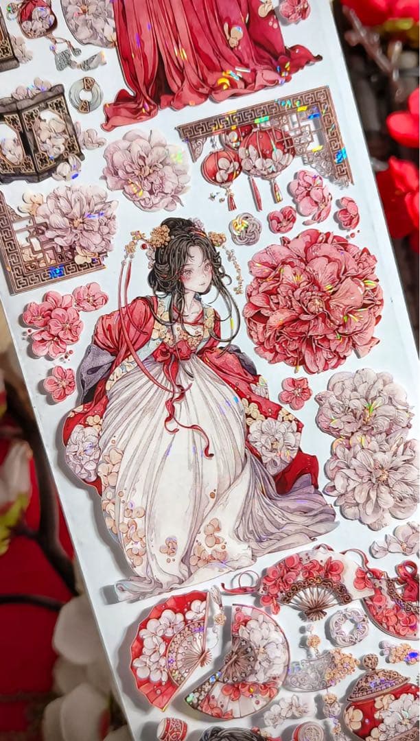 【9401】海外3/5/巻　貝殻光マスキングテープ　獅子先生新作　赤　人物古風系