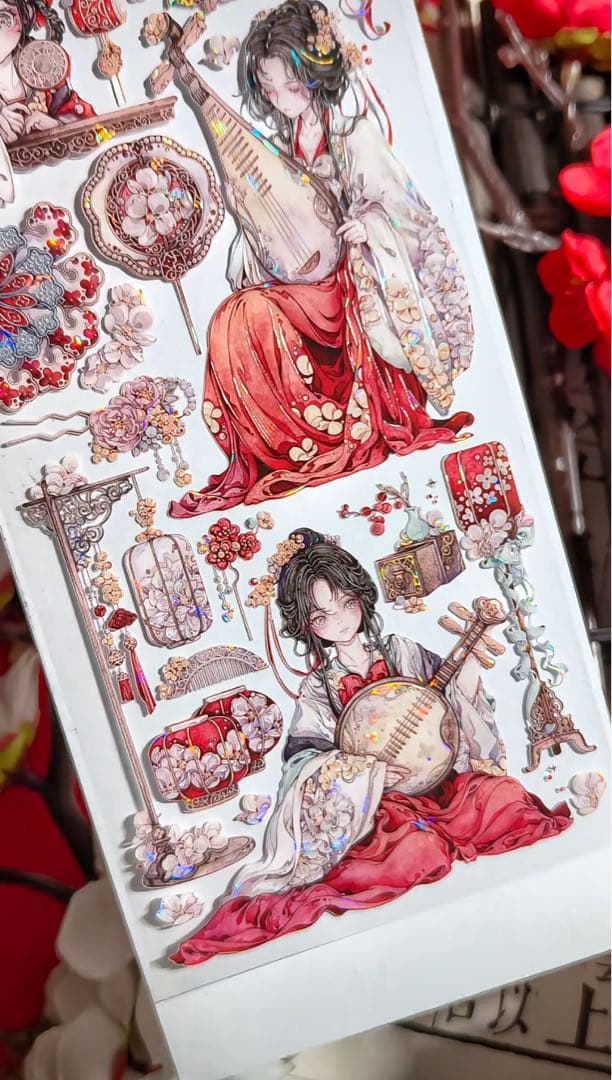 【9401】海外3/5/巻　貝殻光マスキングテープ　獅子先生新作　赤　人物古風系