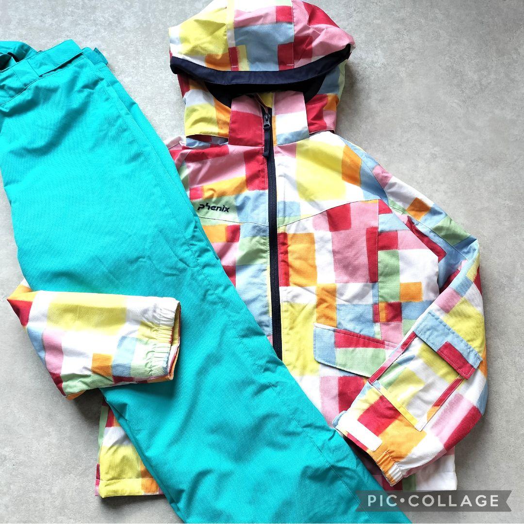 美品☆Phenixスキーウェア女の子150 140 上下 パステルブロック×水色