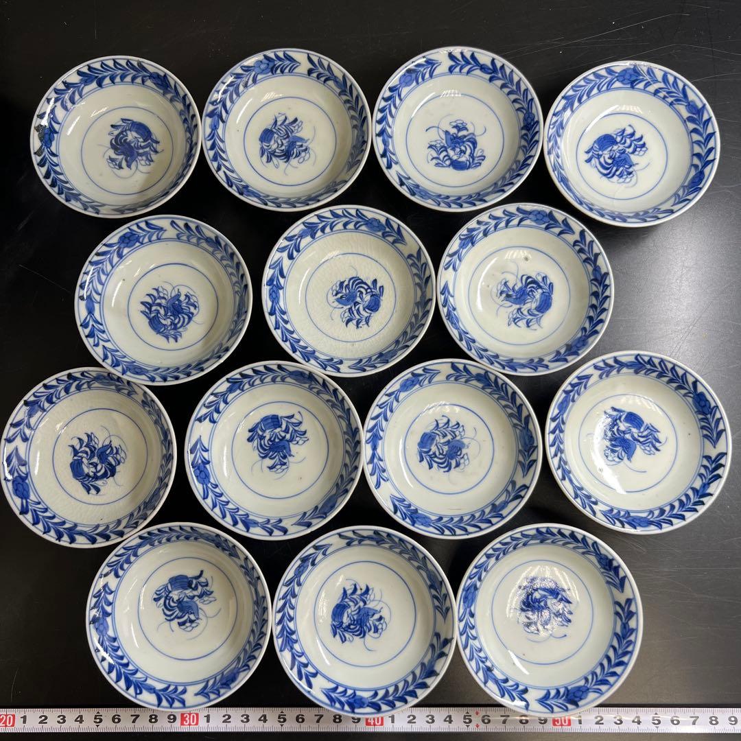 江戸中期　古伊万里染付芙蓉手蓋茶碗　14客と身1点　木箱　東Y8-0116☆2F