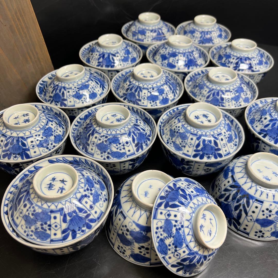 江戸中期　古伊万里染付芙蓉手蓋茶碗　14客と身1点　木箱　東Y8-0116☆2F