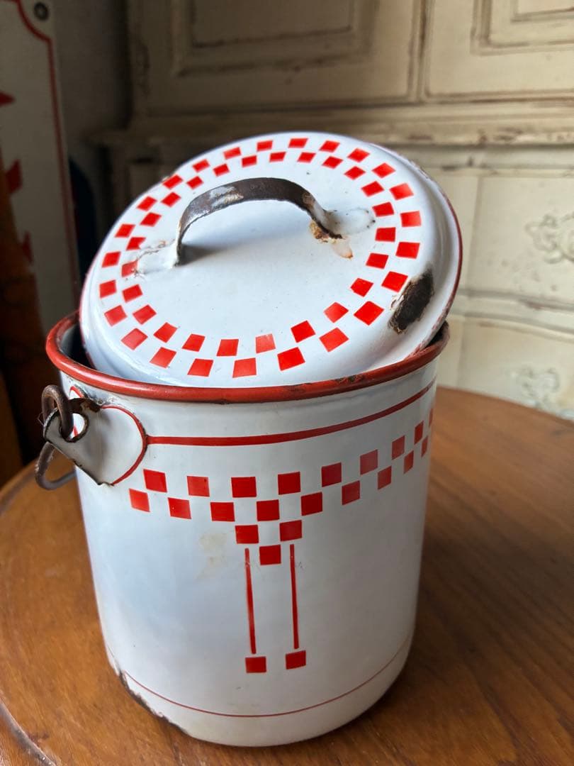 フランス　アンティーク　ホーロー　ストッカー　キャニスター　ダミエ　市松　レア