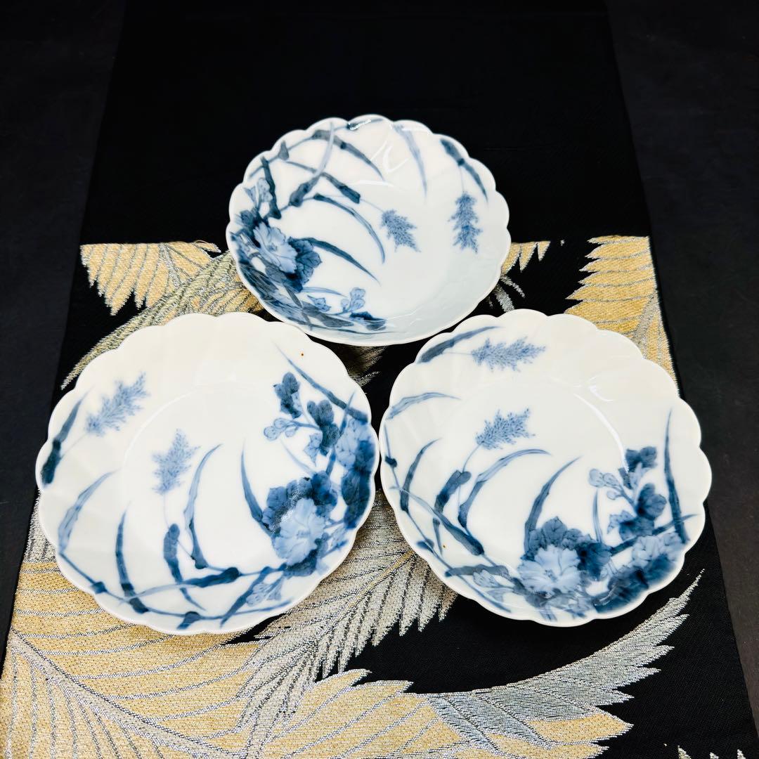 時代美品　古伊万里　柿右衛門　藍柿　渦福角福　染付花草紋様　深皿　3客　骨董